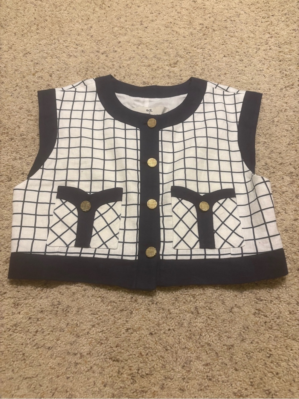 Grid Print Cropped Vest with Gold Buttons - Black & White